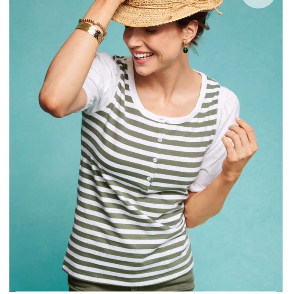 Talbots Woven Sleeve Henley Tee Bali Stripe, Scoop Neck, Mixed Media, Size L